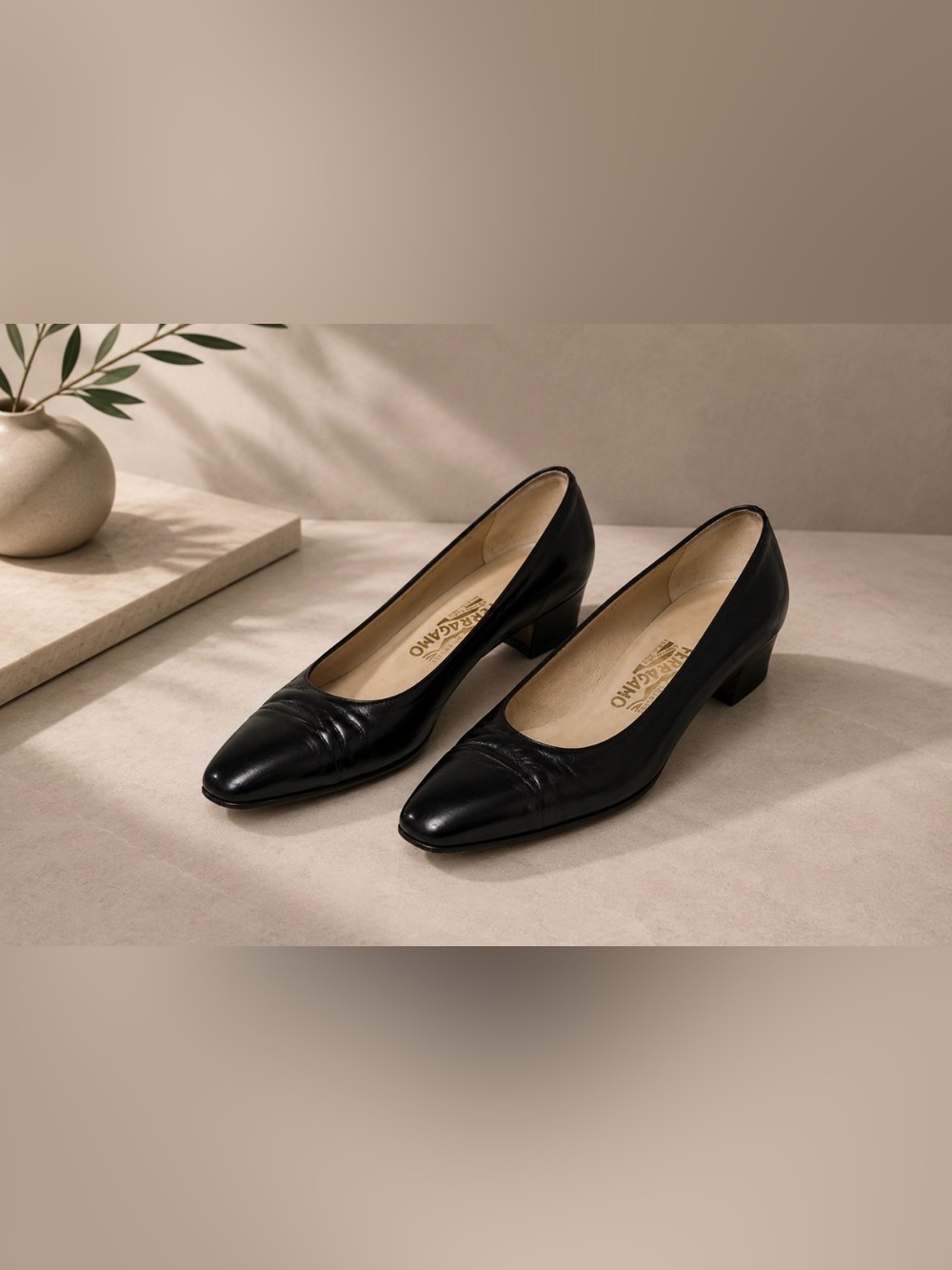 Vintage Salvatore Ferragamo Black Leather Low Block Heel Pump Italy Old Money